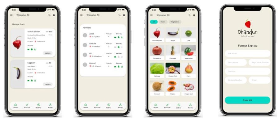 dhandun app mockups of main screens